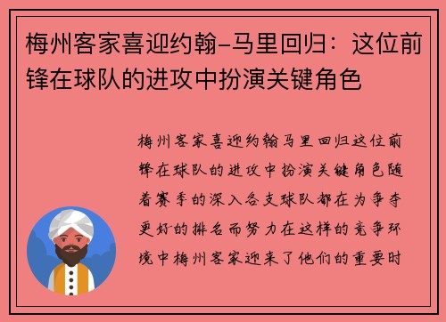 梅州客家喜迎约翰-马里回归：这位前锋在球队的进攻中扮演关键角色