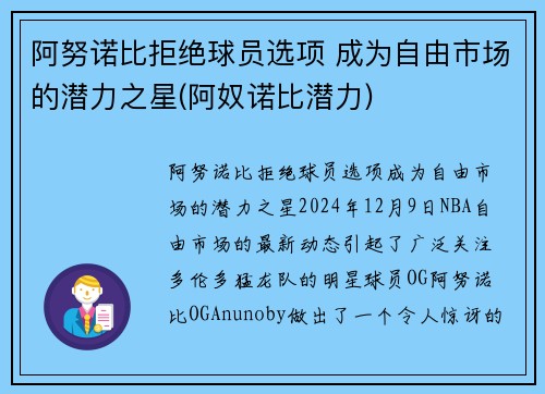 阿努诺比拒绝球员选项 成为自由市场的潜力之星(阿奴诺比潜力)