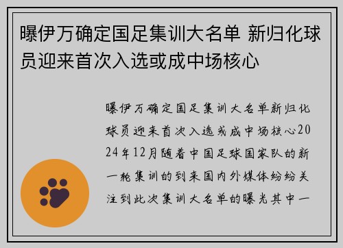 曝伊万确定国足集训大名单 新归化球员迎来首次入选或成中场核心