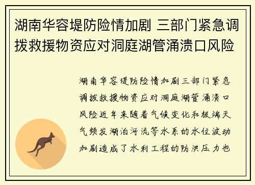 湖南华容堤防险情加剧 三部门紧急调拨救援物资应对洞庭湖管涌溃口风险