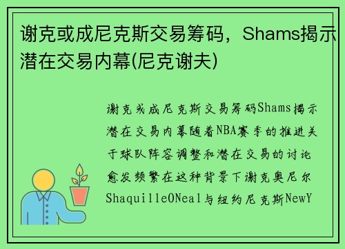 谢克或成尼克斯交易筹码，Shams揭示潜在交易内幕(尼克谢夫)