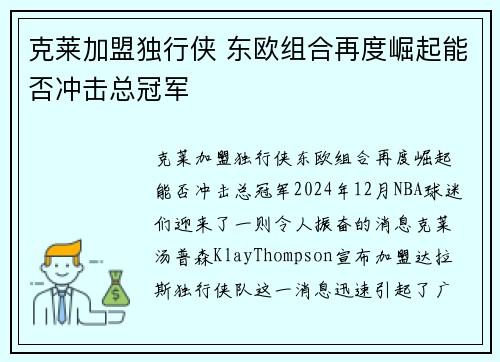 克莱加盟独行侠 东欧组合再度崛起能否冲击总冠军