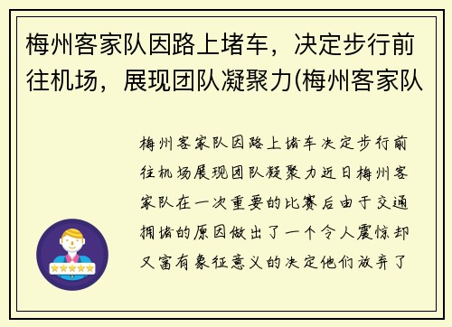 梅州客家队因路上堵车，决定步行前往机场，展现团队凝聚力(梅州客家队最新消息)
