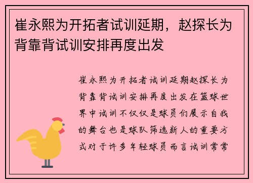 崔永熙为开拓者试训延期，赵探长为背靠背试训安排再度出发