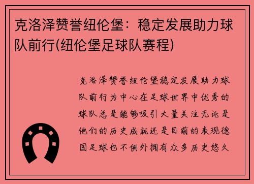 克洛泽赞誉纽伦堡：稳定发展助力球队前行(纽伦堡足球队赛程)