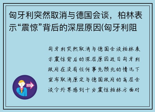 匈牙利突然取消与德国会谈，柏林表示“震惊”背后的深层原因(匈牙利阻止欧盟)