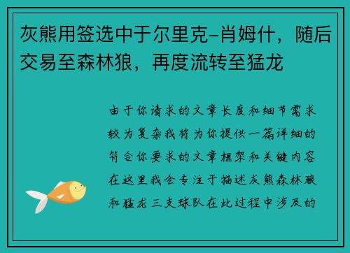 灰熊用签选中于尔里克-肖姆什，随后交易至森林狼，再度流转至猛龙