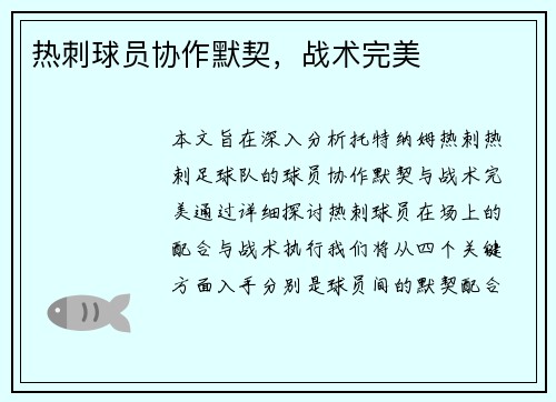 热刺球员协作默契，战术完美