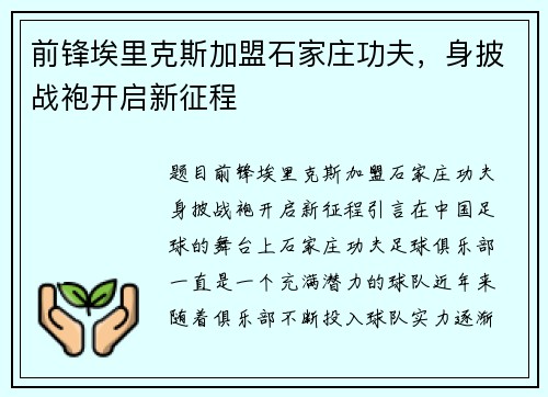 前锋埃里克斯加盟石家庄功夫，身披战袍开启新征程