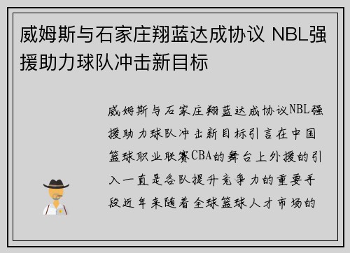 威姆斯与石家庄翔蓝达成协议 NBL强援助力球队冲击新目标