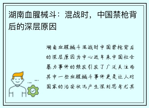 湖南血腥械斗：混战时，中国禁枪背后的深层原因