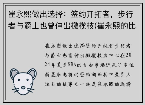 崔永熙做出选择：签约开拓者，步行者与爵士也曾伸出橄榄枝(崔永熙的比赛视频)